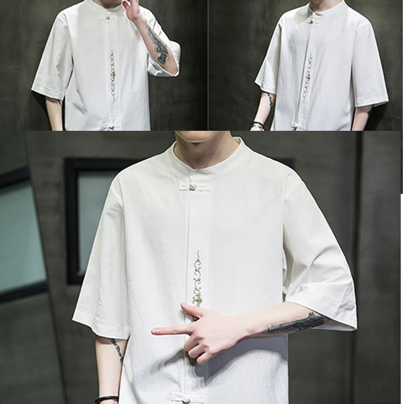 Buddha Stones Casual Solid Color Frog-Button Embroidery Men's Cotton Linen Shirt - image 32