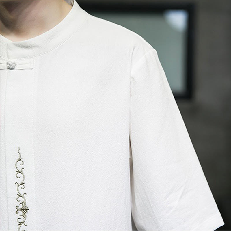 Buddha Stones Casual Solid Color Frog-Button Embroidery Men's Cotton Linen Shirt - image 29