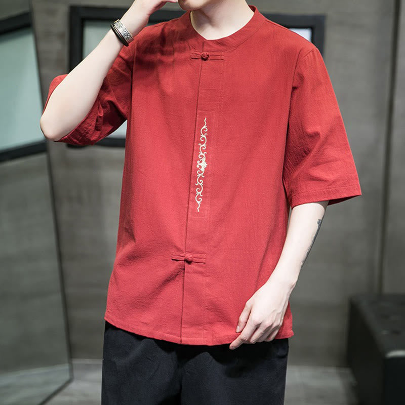 Buddha Stones Casual Solid Color Frog-Button Embroidery Men's Cotton Linen Shirt - image 11