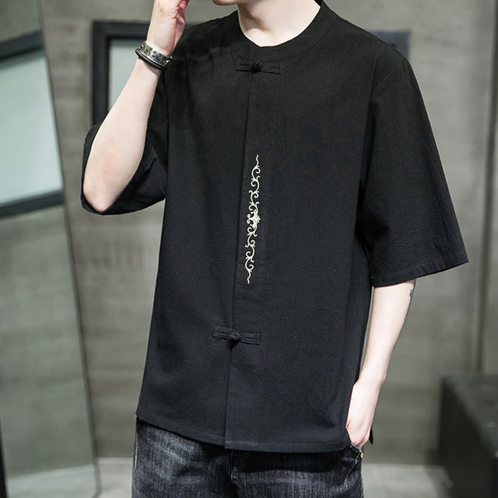 Buddha Stones Casual Solid Color Frog-Button Embroidery Men's Cotton Linen Shirt - image 18