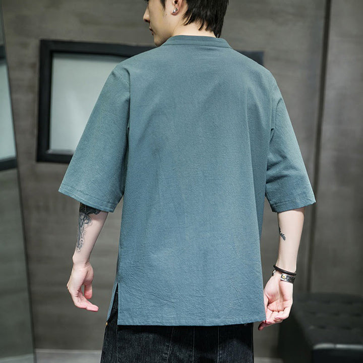 Buddha Stones Casual Solid Color Frog-Button Embroidery Men's Cotton Linen Shirt - image 3