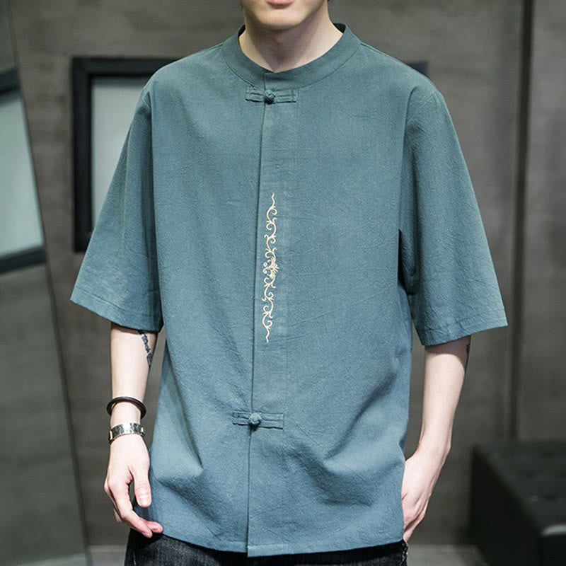 Buddha Stones Casual Solid Color Frog-Button Embroidery Men's Cotton Linen Shirt - image 7