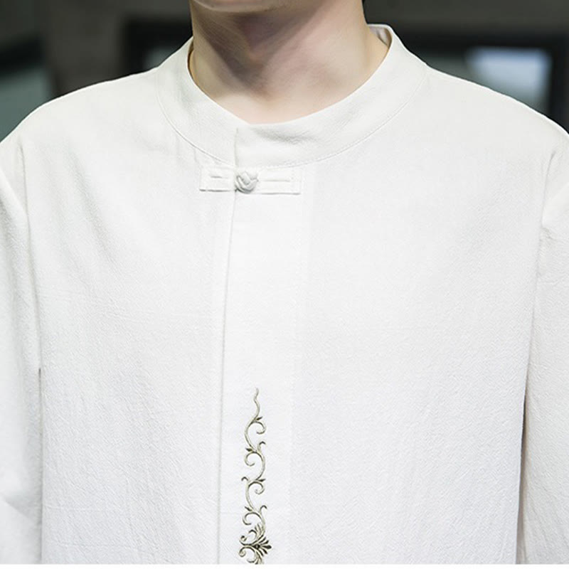 Buddha Stones Casual Solid Color Frog-Button Embroidery Men's Cotton Linen Shirt - image 30