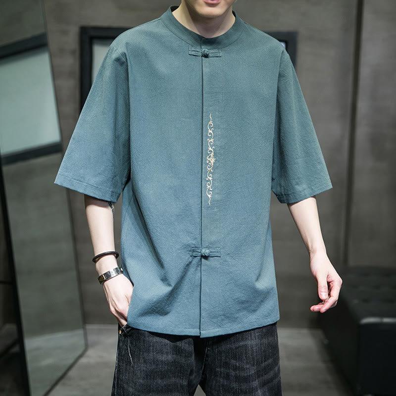 Buddha Stones Casual Solid Color Frog-Button Embroidery Men's Cotton Linen Shirt - CadetBlue - US/UK/AU46，EU56 (5XL) - image 0