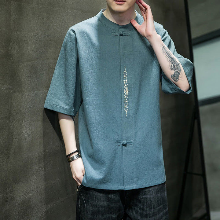 Buddha Stones Casual Solid Color Frog-Button Embroidery Men's Cotton Linen Shirt - image 5