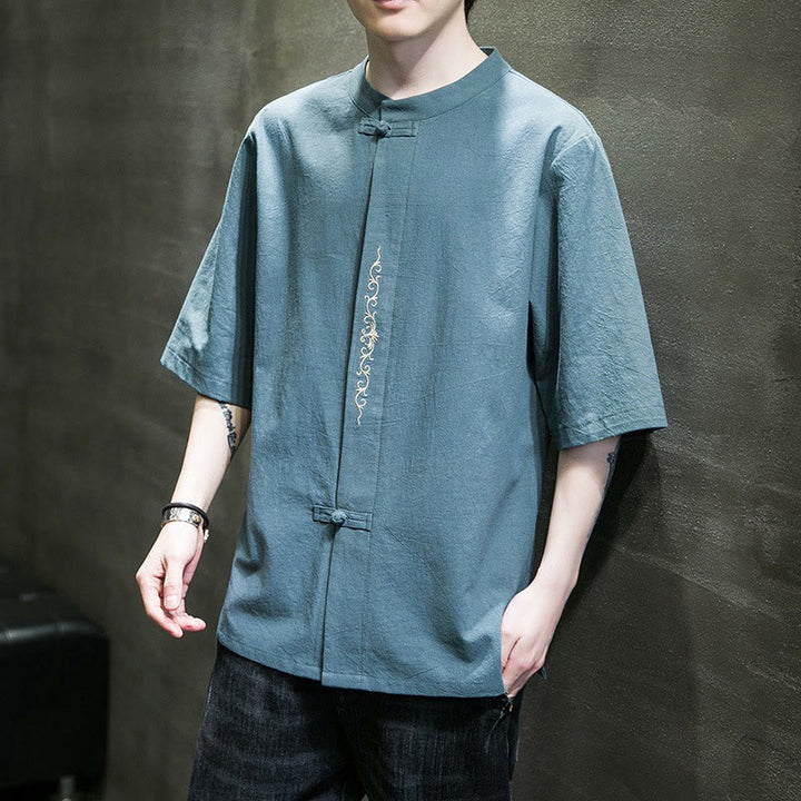 Buddha Stones Casual Solid Color Frog-Button Embroidery Men's Cotton Linen Shirt Cardigan - image 1