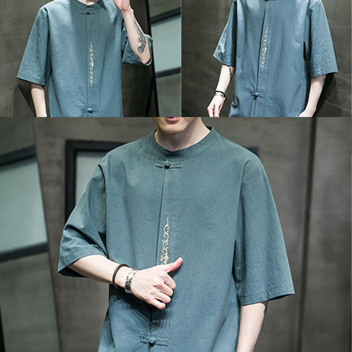 Buddha Stones Casual Solid Color Frog-Button Embroidery Men's Cotton Linen Shirt Cardigan - image 8