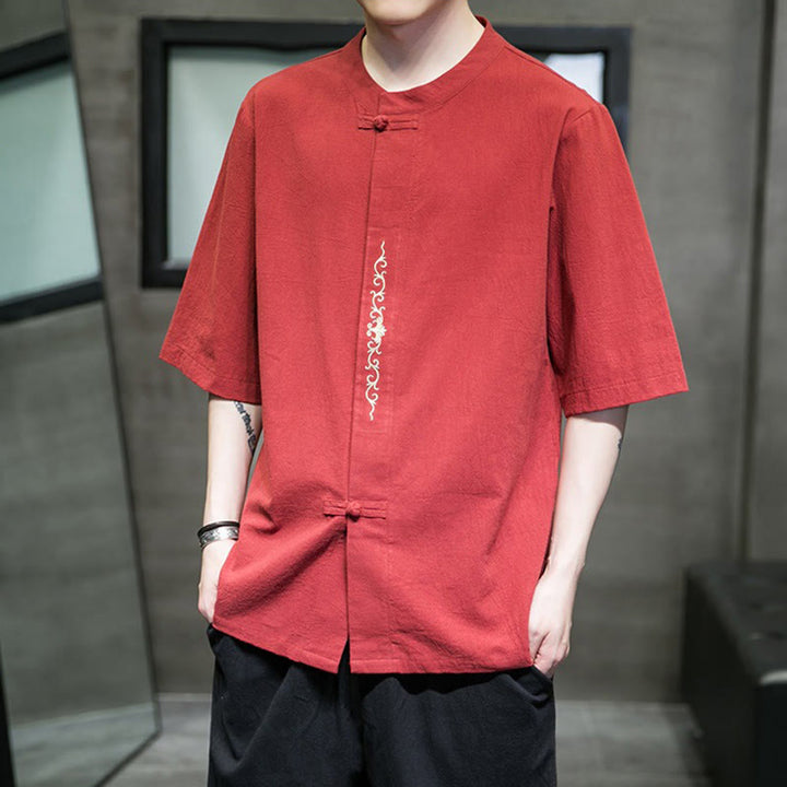 Buddha Stones Casual Solid Color Frog-Button Embroidery Men's Cotton Linen Shirt - image 13