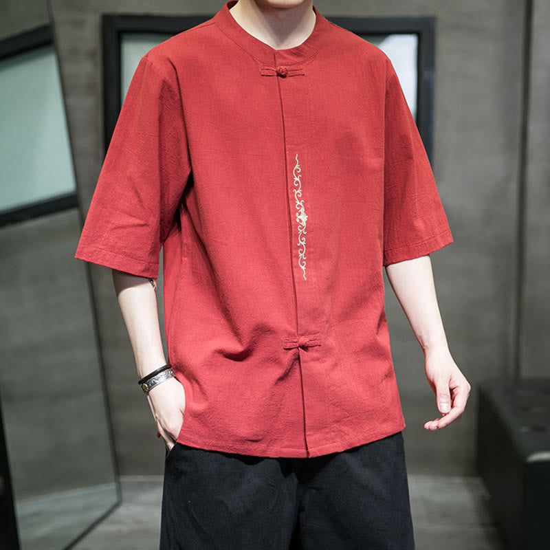 Buddha Stones Casual Solid Color Frog-Button Embroidery Men's Cotton Linen Shirt Cardigan - image 10