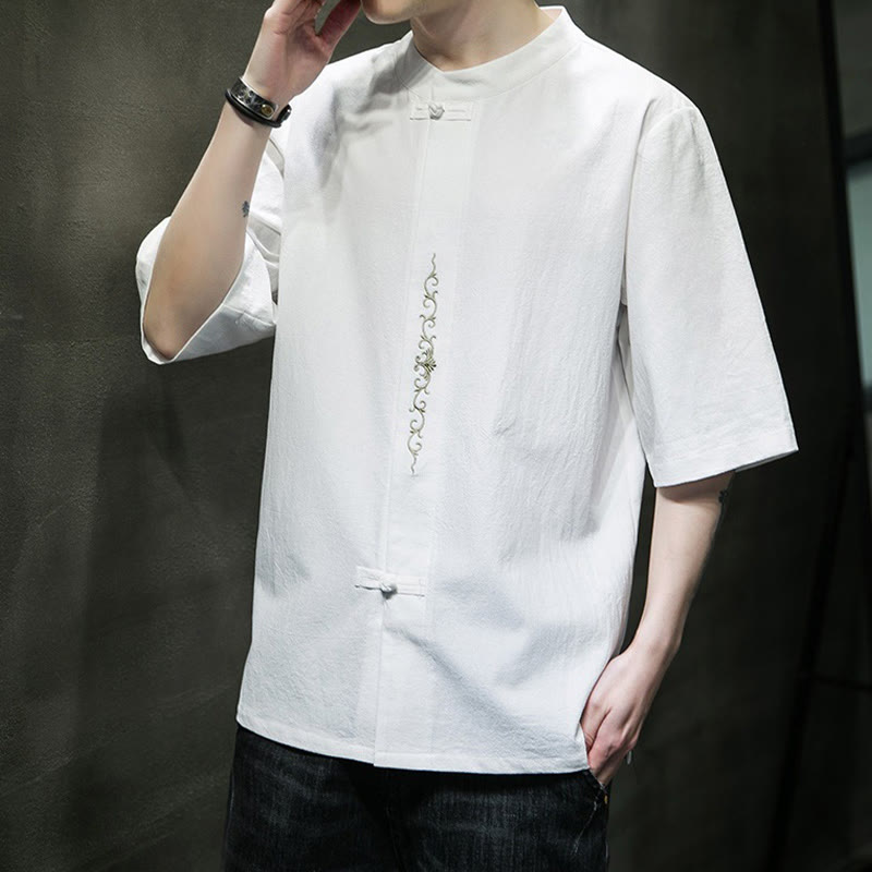 Buddha Stones Casual Solid Color Frog-Button Embroidery Men's Cotton Linen Shirt - image 27