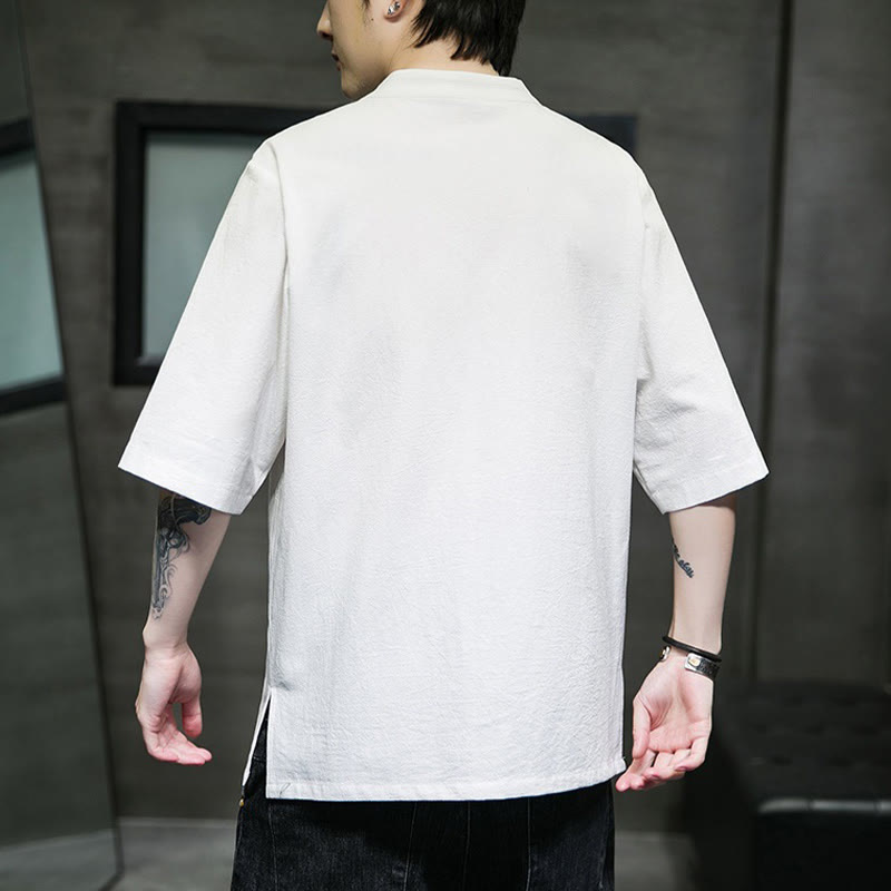 Buddha Stones Casual Solid Color Frog-Button Embroidery Men's Cotton Linen Shirt - image 26