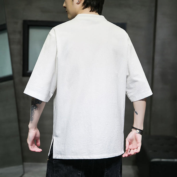 Buddha Stones Casual Solid Color Frog-Button Embroidery Men's Cotton Linen Shirt - image 26