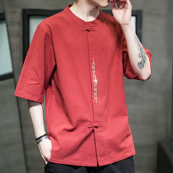 Buddha Stones Casual Solid Color Frog-Button Embroidery Men's Cotton Linen Shirt Cardigan - image 12