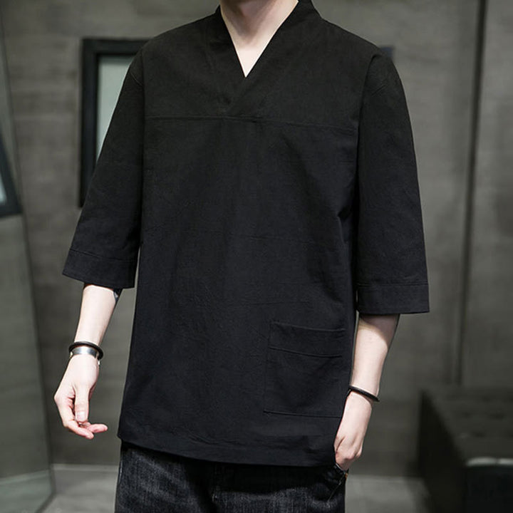 Buddha Stones Summer Casual Simple V-Neck Design Men's Cotton Linen Three Quarter Sleeve T-Shirt With Front Pocket - image 19