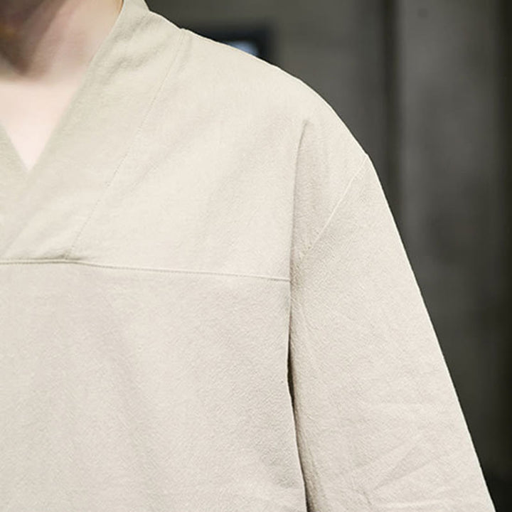 Buddha Stones Summer Casual Simple V-Neck Design Men's Cotton Linen Three Quarter Sleeve T-Shirt With Front Pocket - image 8