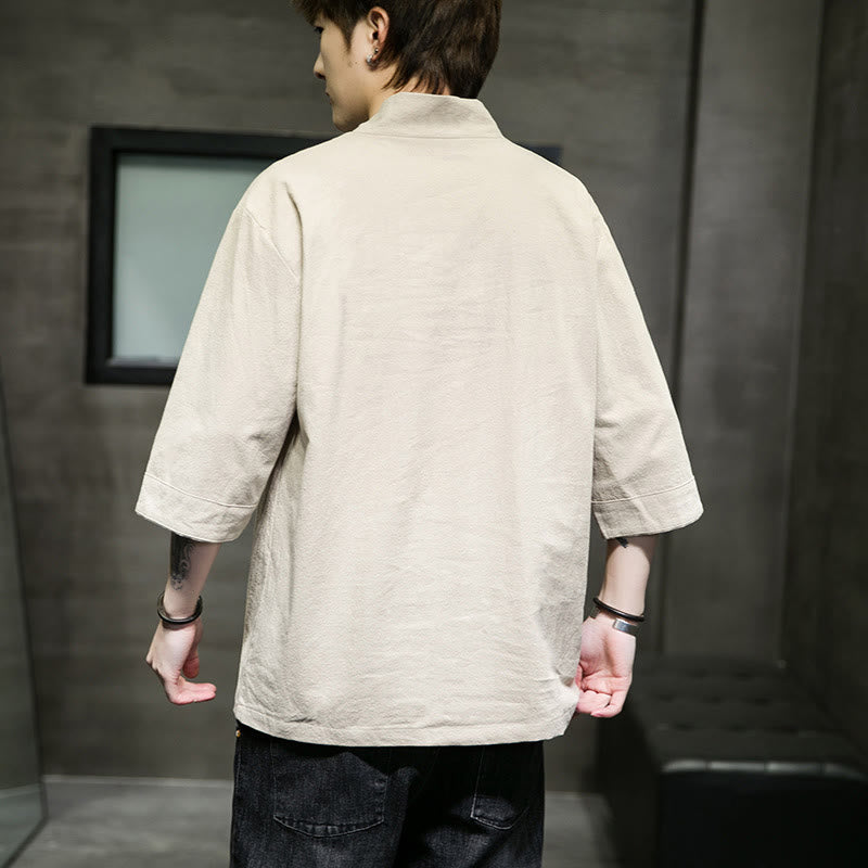 Buddha Stones Summer Casual Simple V-Neck Design Men's Cotton Linen Three Quarter Sleeve T-Shirt With Front Pocket - image 2