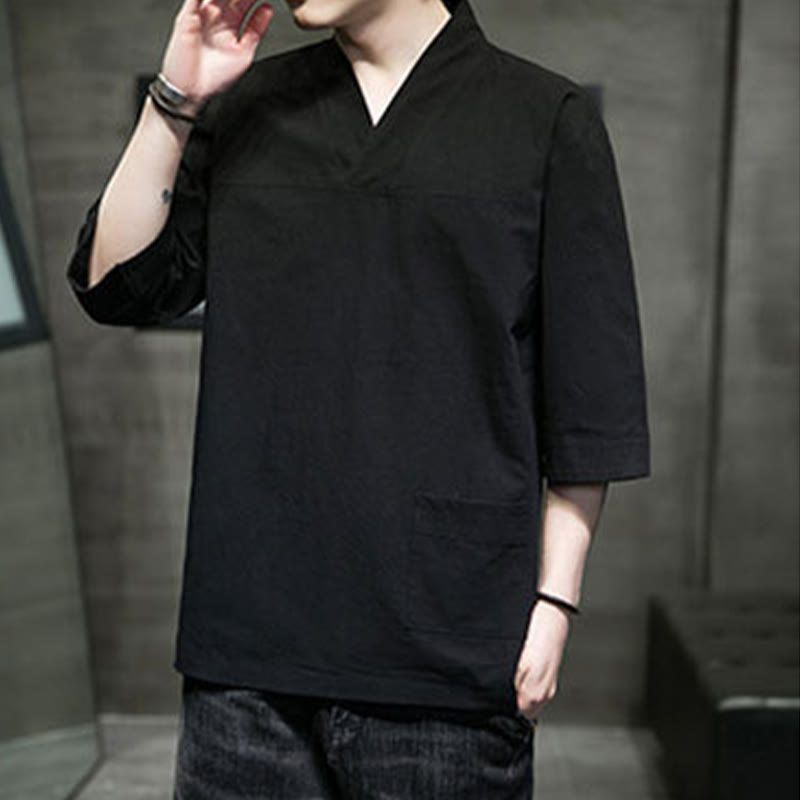 Buddha Stones Summer Casual Simple V-Neck Design Men's Cotton Linen Three Quarter Sleeve T-Shirt With Front Pocket - image 17