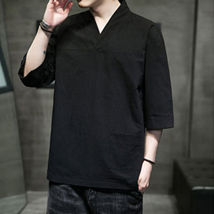 Buddha Stones Summer Casual Simple V-Neck Design Men's Cotton Linen Three Quarter Sleeve T-Shirt With Front Pocket - image 17