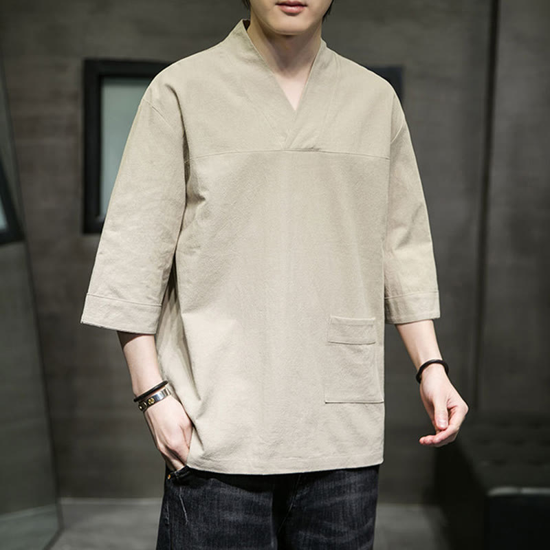 Buddha Stones Summer Casual Simple V-Neck Design Men's Cotton Linen Three Quarter Sleeve T-Shirt With Front Pocket - PaleGoldenrod - US/UK/AU46，EU56 (5XL) - image 0