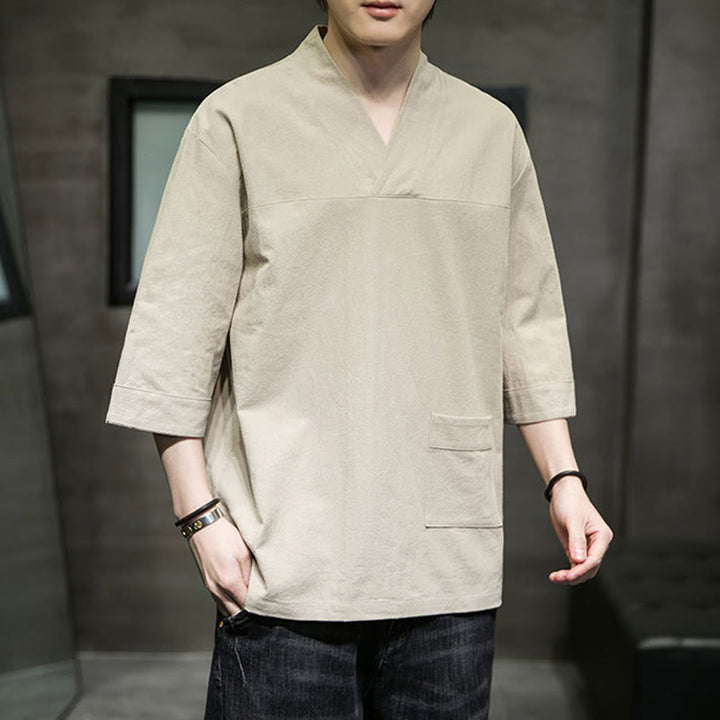 Buddha Stones Summer Casual Simple V-Neck Design Men's Cotton Linen Three Quarter Sleeve T-Shirt With Front Pocket - PaleGoldenrod - US/UK/AU46，EU56 (5XL) - image 0