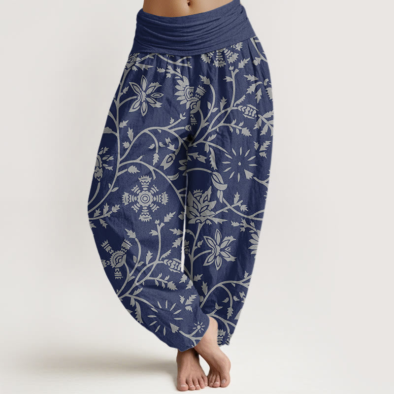 Buddha Stones Cotton Casual Floral Branches Flowing Vines Pattern Women's Elastic Waist Harem Pants - Navy - US22，UK/AU26，EU54 (6XL) - image 0
