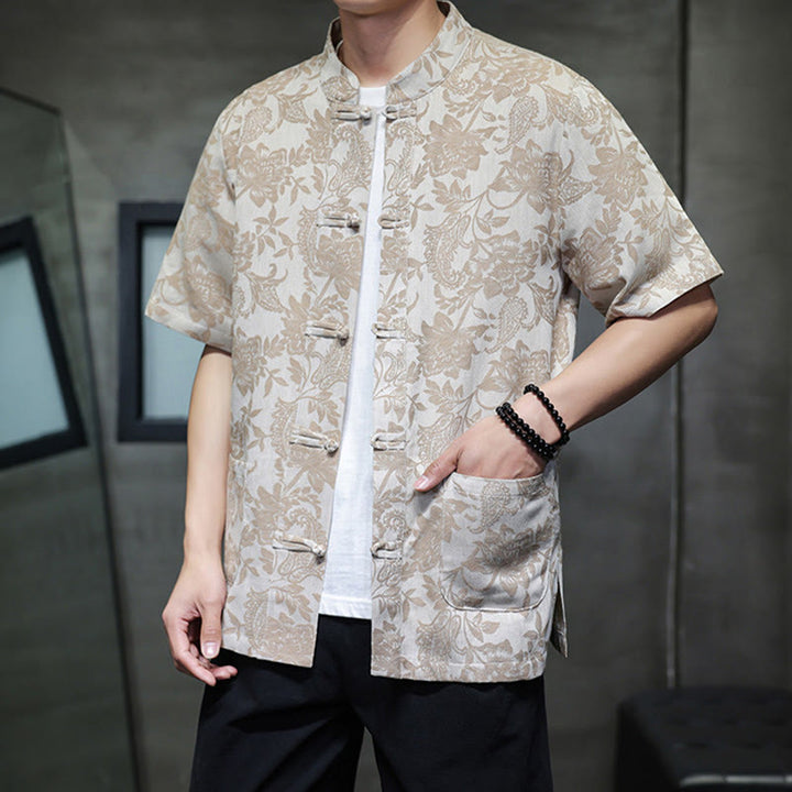 Buddha Stones Casual Jacquard Paisley Flower Plant Pattern Frog-Button Design Men's Cotton Shirt With Pockets - image 12
