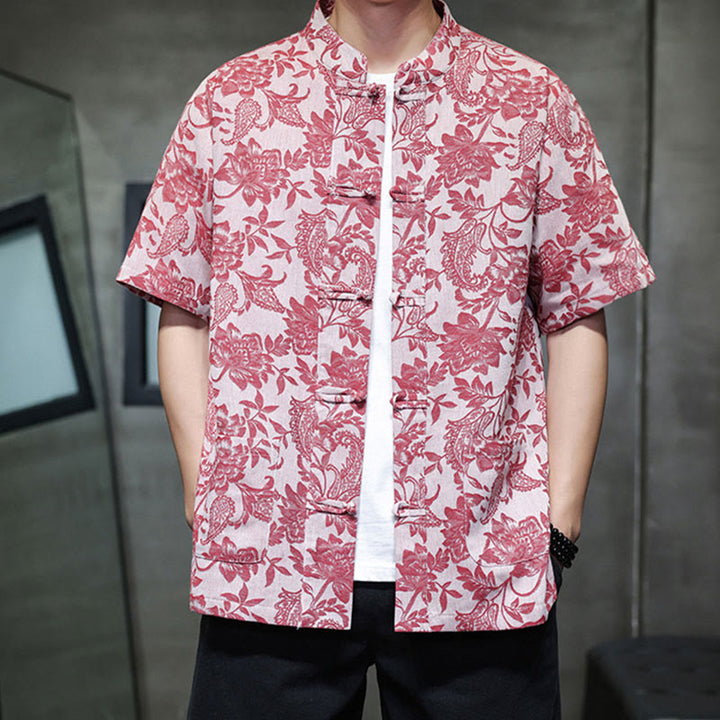 Buddha Stones Casual Jacquard Paisley Flower Plant Pattern Frog-Button Design Men's Cotton Shirt With Pockets - image 4