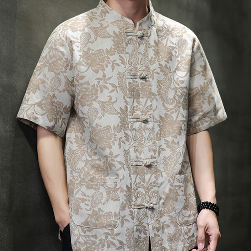 Buddha Stones Casual Jacquard Paisley Flower Plant Pattern Frog-Button Design Men's Cotton Shirt With Pockets - image 15