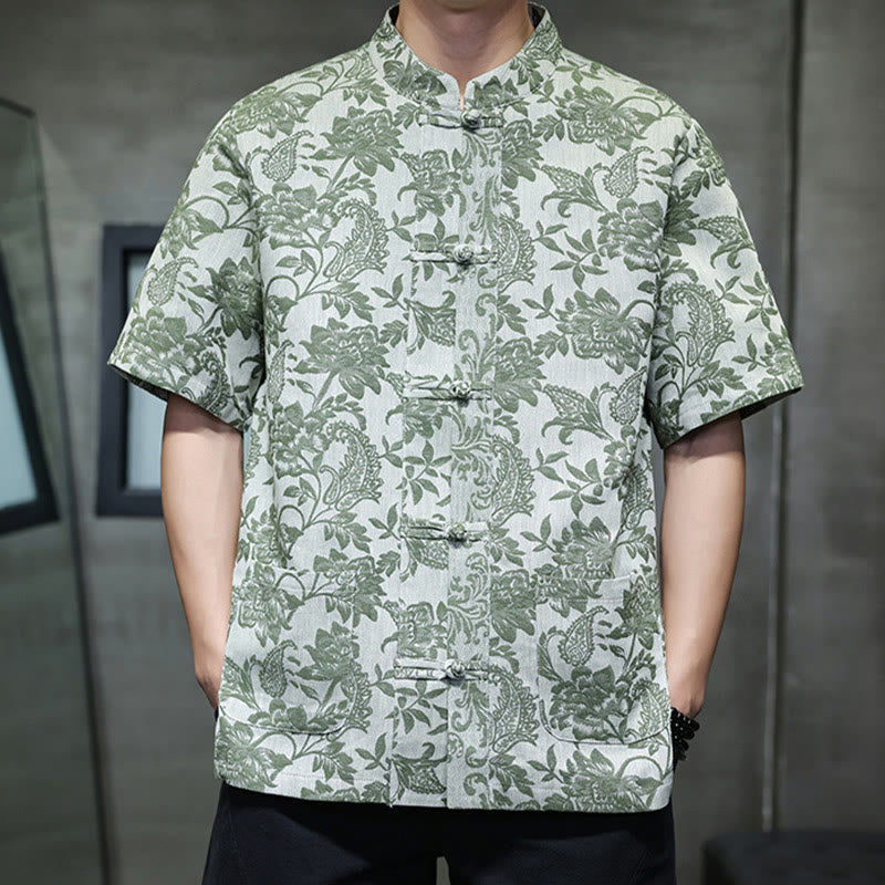 Buddha Stones Casual Jacquard Paisley Flower Plant Pattern Frog-Button Design Men's Cotton Shirt With Pockets - image 30