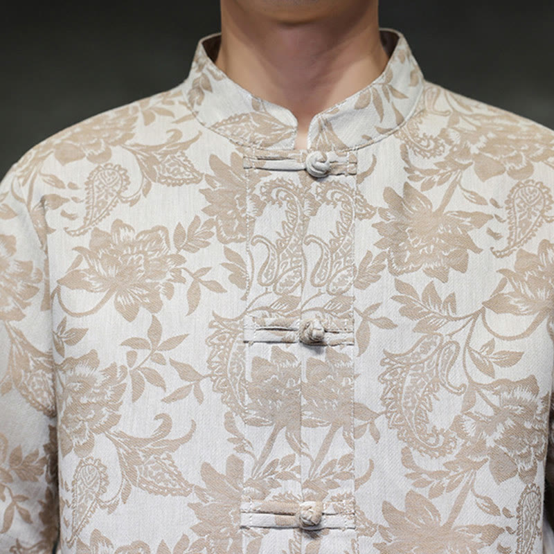 Buddha Stones Casual Jacquard Paisley Flower Plant Pattern Frog-Button Design Men's Cotton Shirt With Pockets - image 16
