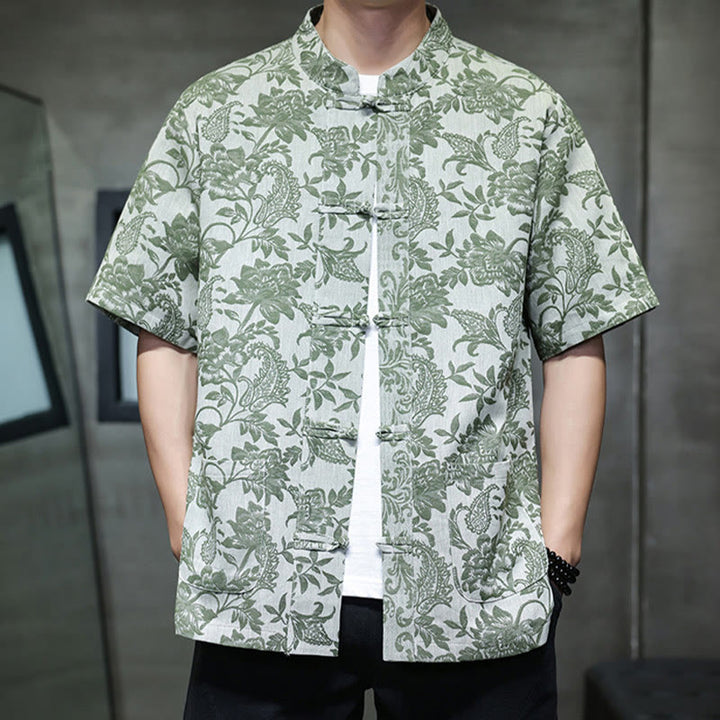 Buddha Stones Casual Jacquard Paisley Flower Plant Pattern Frog-Button Design Men's Cotton Shirt With Pockets - image 33