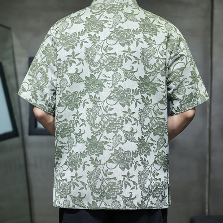 Buddha Stones Casual Jacquard Paisley Flower Plant Pattern Frog-Button Design Men's Cotton Shirt With Pockets - image 31