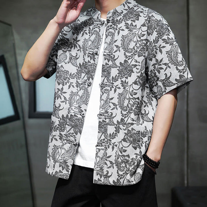 Buddha Stones Casual Jacquard Paisley Flower Plant Pattern Frog-Button Design Men's Cotton Shirt With Pockets - image 26