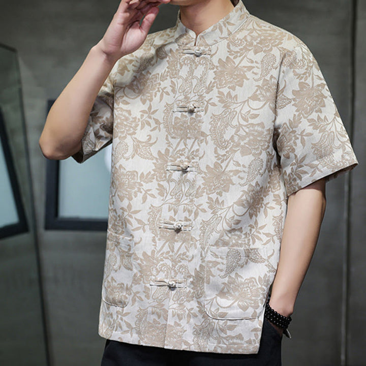 Buddha Stones Casual Jacquard Paisley Flower Plant Pattern Frog-Button Design Men's Cotton Shirt With Pockets - image 14