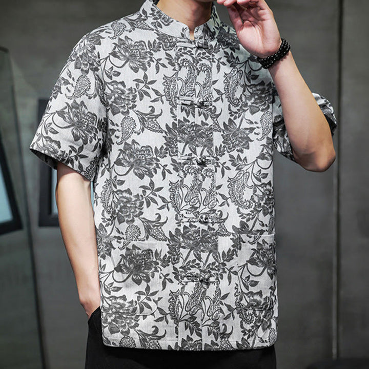 Buddha Stones Casual Jacquard Paisley Flower Plant Pattern Frog-Button Design Men's Cotton Shirt With Pockets - image 25