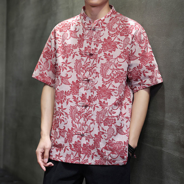 Buddha Stones Casual Jacquard Paisley Flower Plant Pattern Frog-Button Design Men's Cotton Shirt With Pockets - image 2