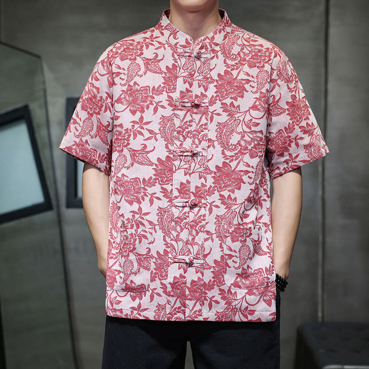 Buddha Stones Casual Jacquard Paisley Flower Plant Pattern Frog-Button Design Men's Cotton Shirt With Pockets - PaleVioletRed - US/UK/AU44，EU54 (4XL) - image 0