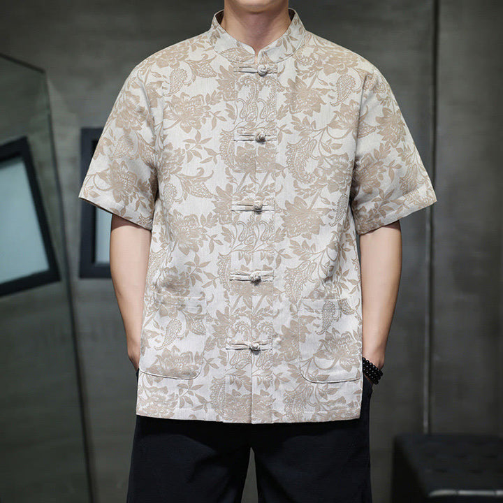 Buddha Stones Casual Jacquard Paisley Flower Plant Pattern Frog-Button Design Men's Cotton Shirt With Pockets - Tan - US/UK/AU44，EU54 (4XL) - image 9