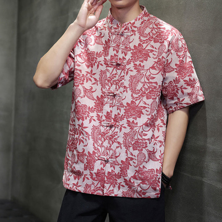 Buddha Stones Casual Jacquard Paisley Flower Plant Pattern Frog-Button Design Men's Cotton Shirt With Pockets - image 1