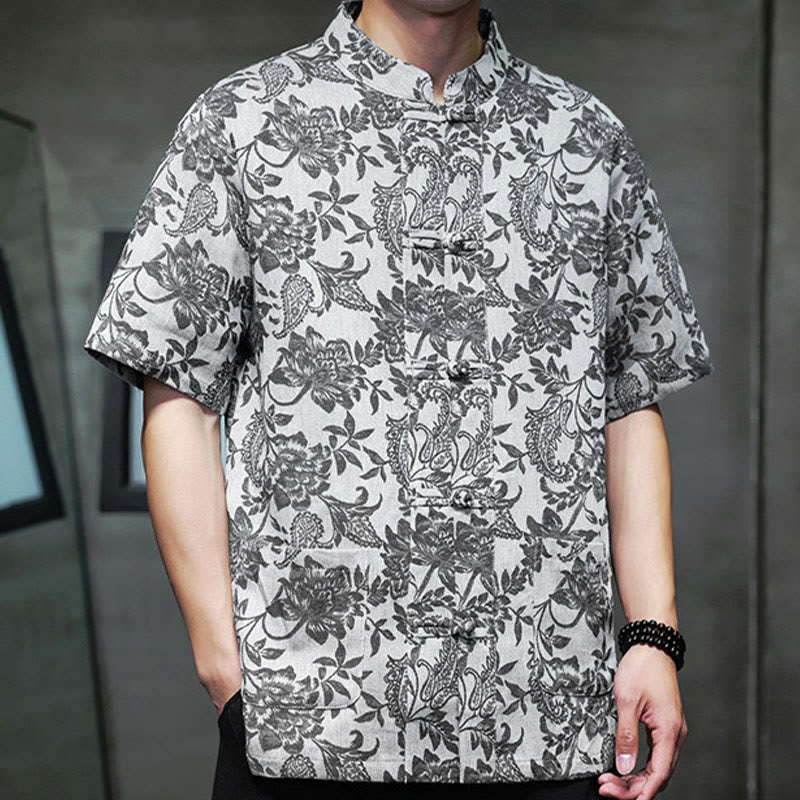 Buddha Stones Casual Jacquard Paisley Flower Plant Pattern Frog-Button Design Men's Cotton Shirt With Pockets - image 24