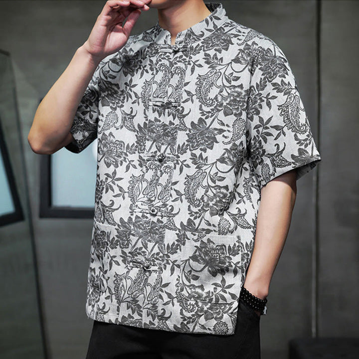 Buddha Stones Casual Jacquard Paisley Flower Plant Pattern Frog-Button Design Men's Cotton Shirt With Pockets - image 22