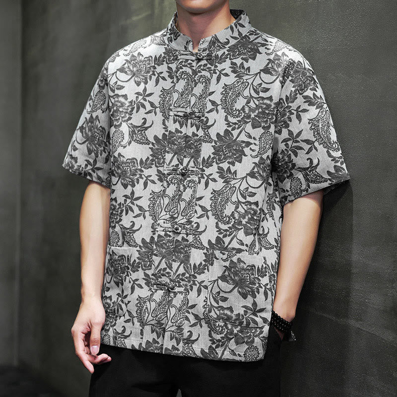 Buddha Stones Casual Jacquard Paisley Flower Plant Pattern Frog-Button Design Men's Cotton Shirt With Pockets - DimGray - US/UK/AU44，EU54 (4XL) - image 21