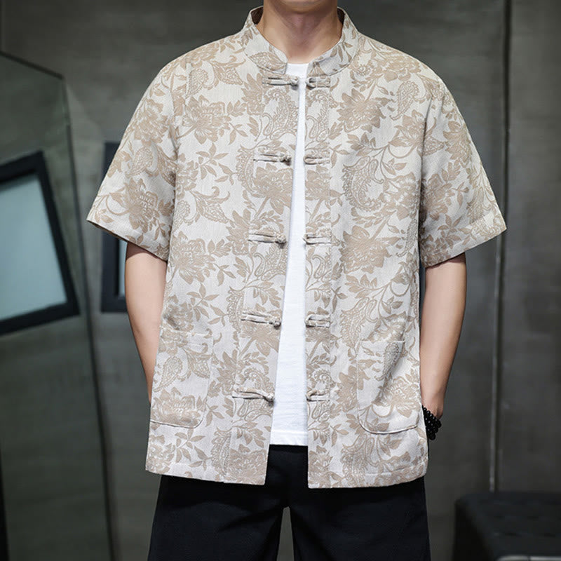 Buddha Stones Casual Jacquard Paisley Flower Plant Pattern Frog-Button Design Men's Cotton Shirt With Pockets - image 13