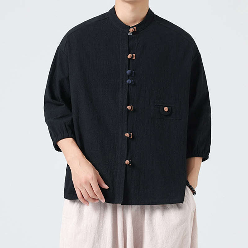 Buddha Stones Summer Frog-Button Front Stand Collar Men's Three Quarter Sleeve Cotton Shirt With Pocket - image 14