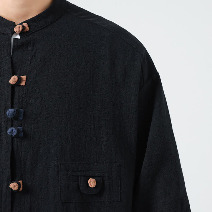 Buddha Stones Summer Frog-Button Front Stand Collar Men's Three Quarter Sleeve Cotton Shirt With Pocket - image 18