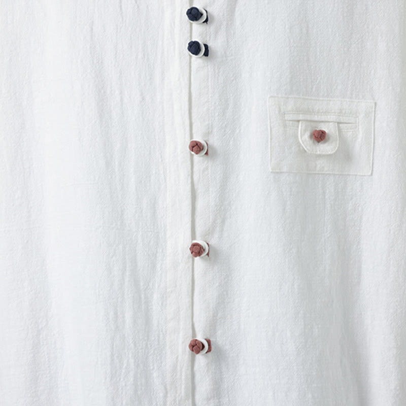 Buddha Stones Summer Frog-Button Front Stand Collar Men's Three Quarter Sleeve Cotton Shirt With Pocket - image 7