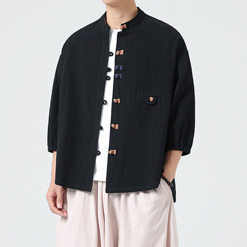 Buddha Stones Summer Frog-Button Front Stand Collar Men's Three Quarter Sleeve Cotton Shirt With Pocket - image 10