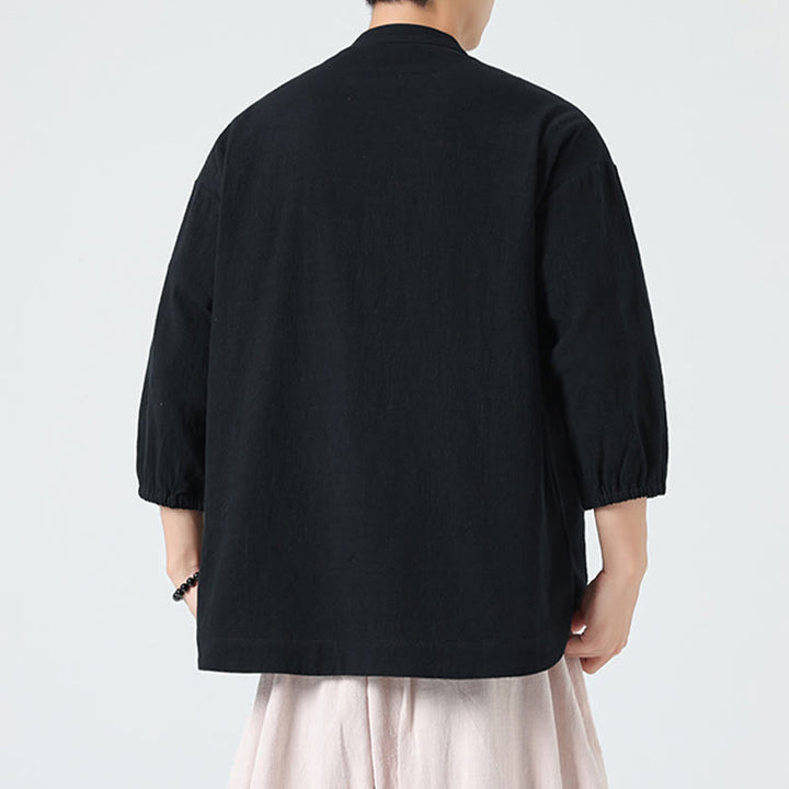 Buddha Stones Summer Frog-Button Front Stand Collar Men's Three Quarter Sleeve Cotton Shirt With Pocket - image 15