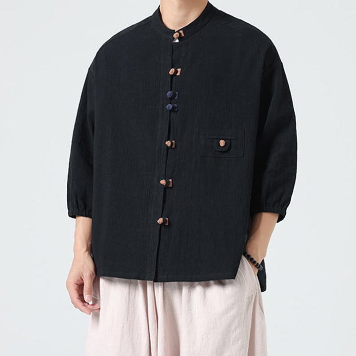 Buddha Stones Summer Frog-Button Front Stand Collar Men's Three Quarter Sleeve Cotton Shirt With Pocket - image 12