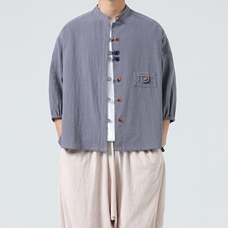 Buddha Stones Summer Frog-Button Front Stand Collar Men's Three Quarter Sleeve Cotton Shirt With Pocket - image 24